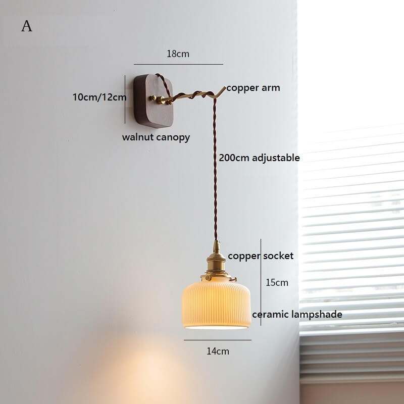 Japanese style ceramic wall lamp with copper arm and walnut canopy, featuring a modern design and white ceramic lampshade.