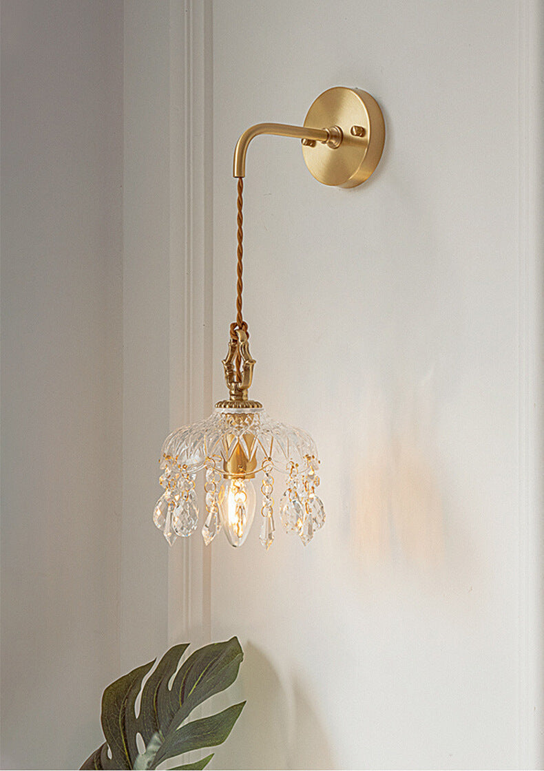 Illuminate in Style: Floral Crystal LED Wall Lamp - Vintage Brass