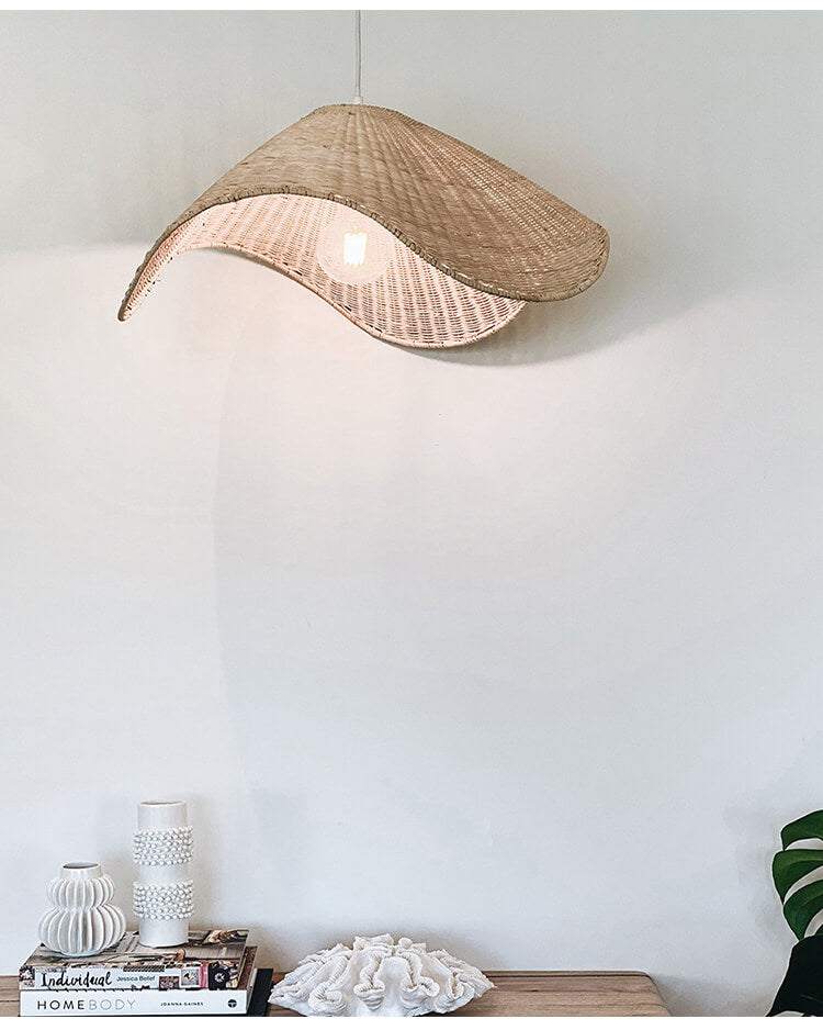 Hand-woven special-shaped rattan chandelier in beige, simple decorative lighting fixture, indoor rustic elegance.