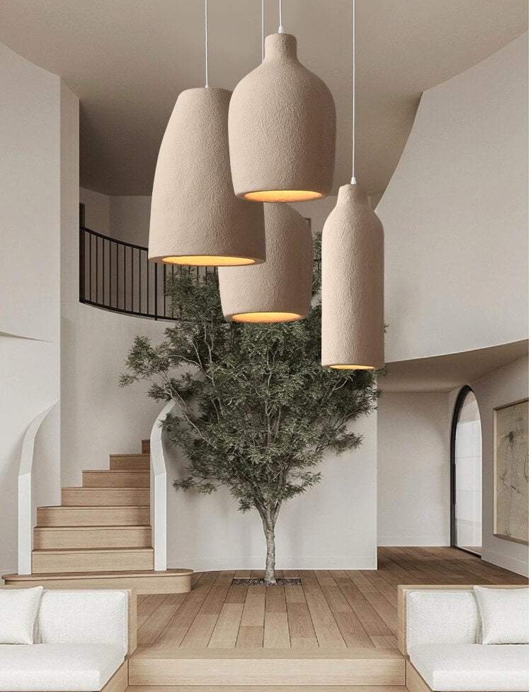 Japanese Wabi-Sabi Style Nordic Vintage Hanging Lamp in beige, featuring modern minimalist design with polystyrene fixture and LED lighting suitability.