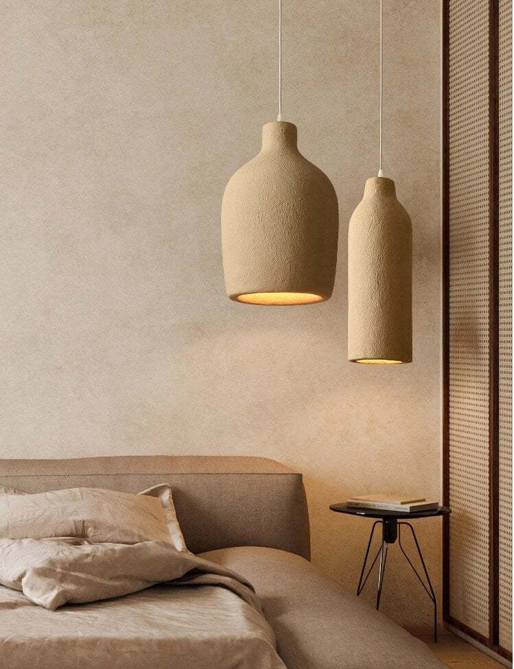 Japanese Wabi-Sabi Style Nordic Vintage Hanging Lamp in beige, featuring modern minimalist design with polystyrene fixture and LED lighting suitability.