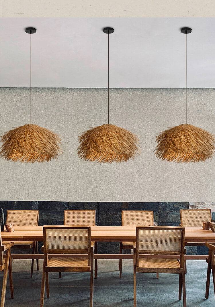 Japanese Wabi Sabi Chandelier with Retro Hand Woven Rattan LED Lampshade above dining table, showcasing natural simplicity and vintage elegance.