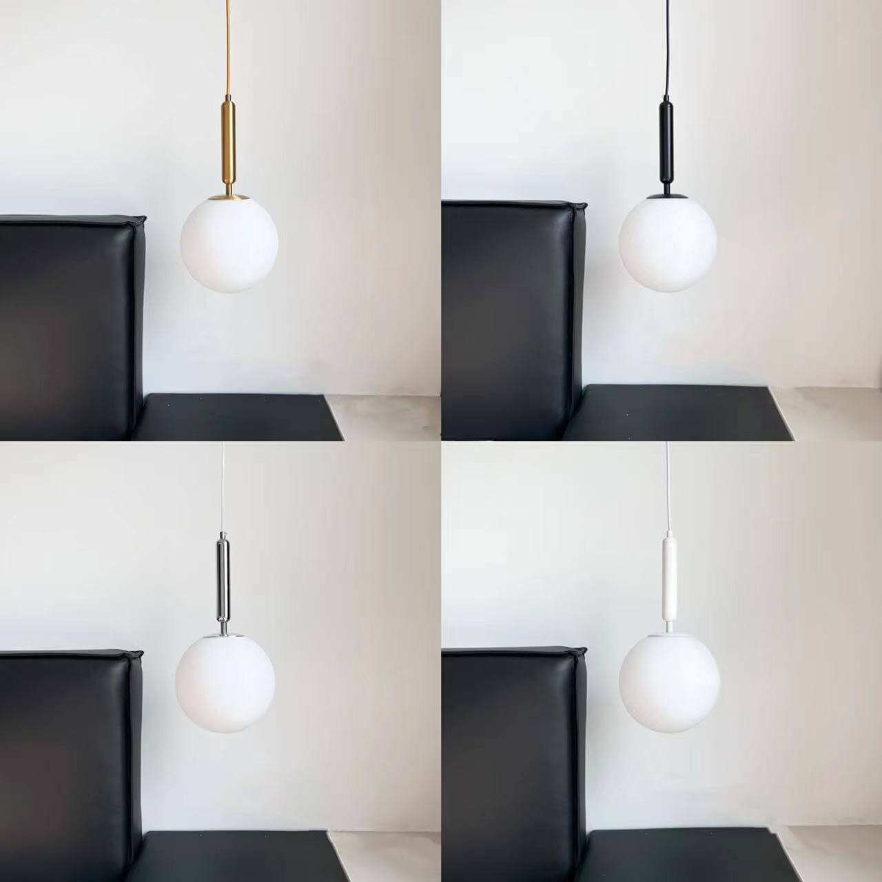 Modern Glass Ball Light Fixtures in black, chrome, gold, and white finishes, featuring sleek LED hanging lights.