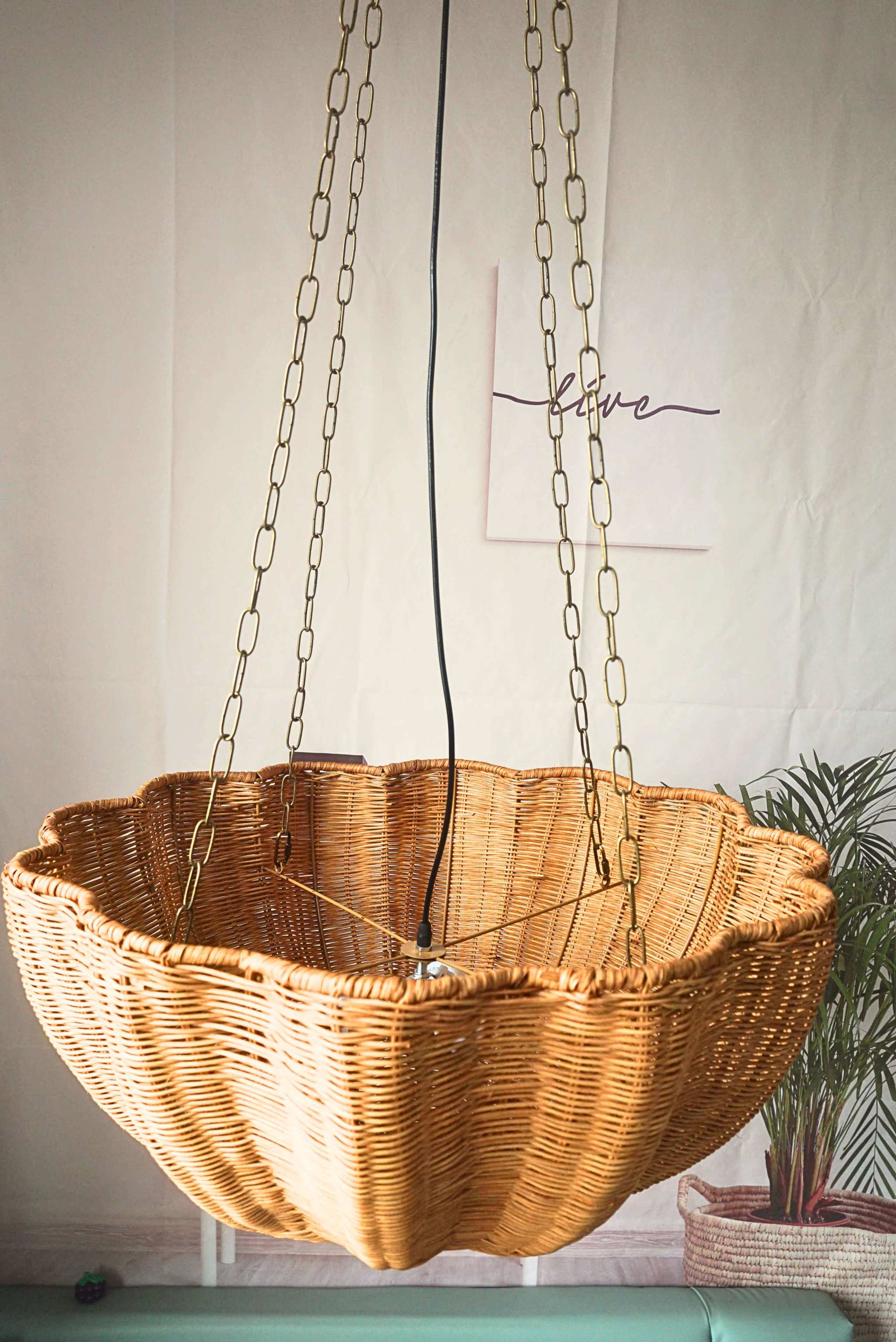 Rattan hanging basket lamp chandelier with chain, natural woven design, eco-friendly lighting.