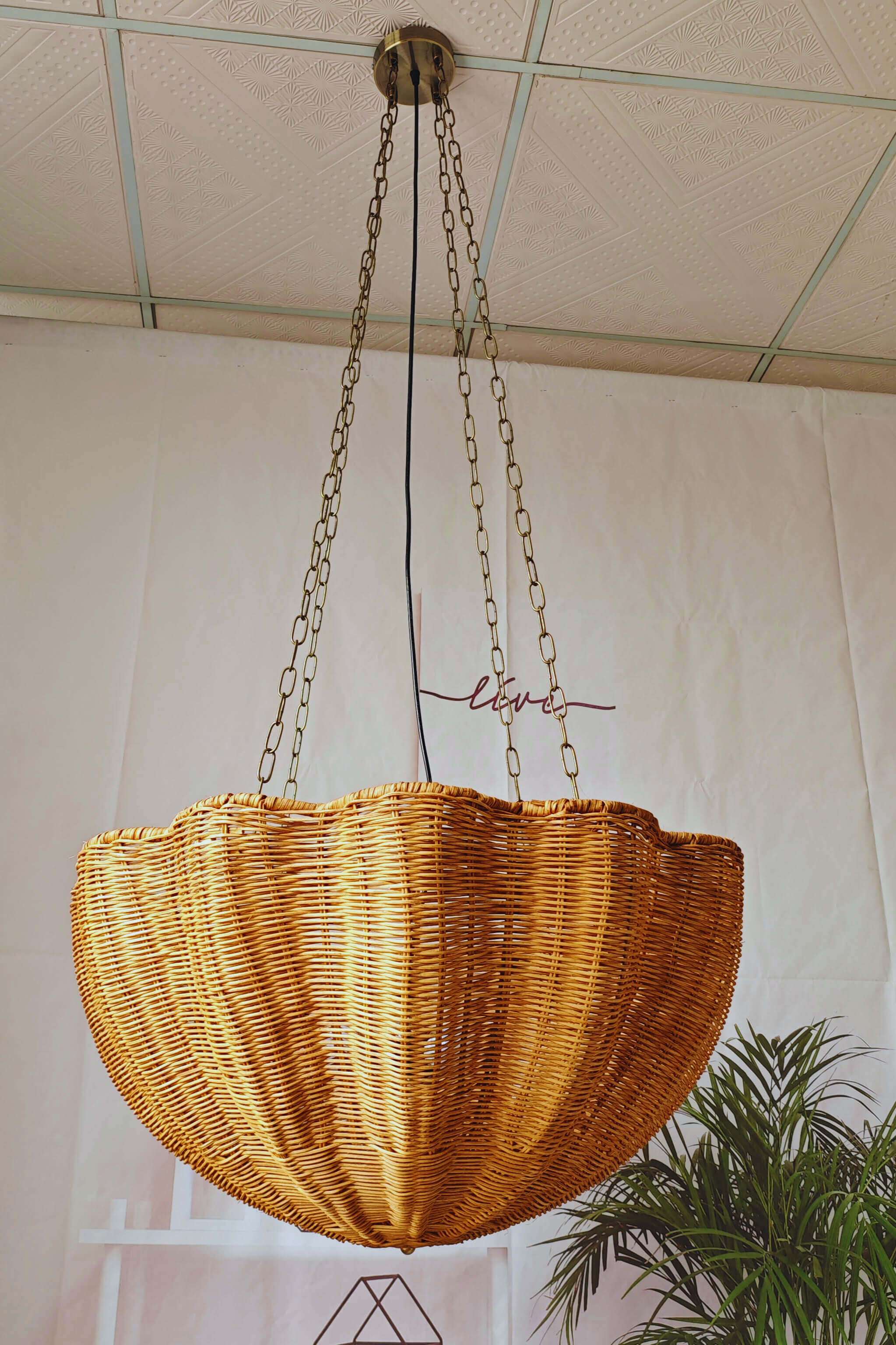 Rattan hanging basket lamp chandelier with chain, natural woven design, eco-friendly lighting.