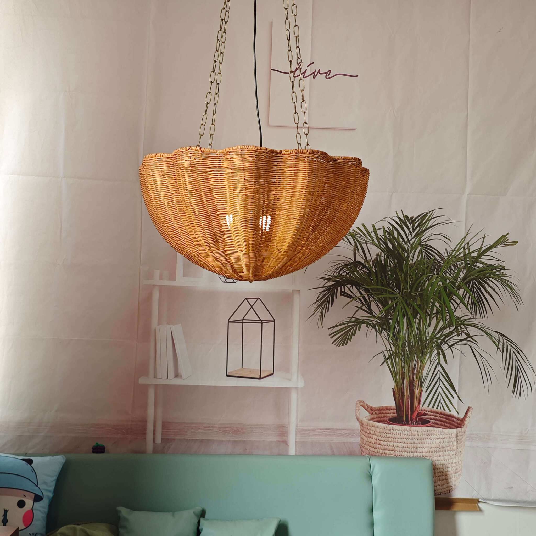 Rattan hanging basket lamp chandelier with chain, natural woven design, eco-friendly lighting.