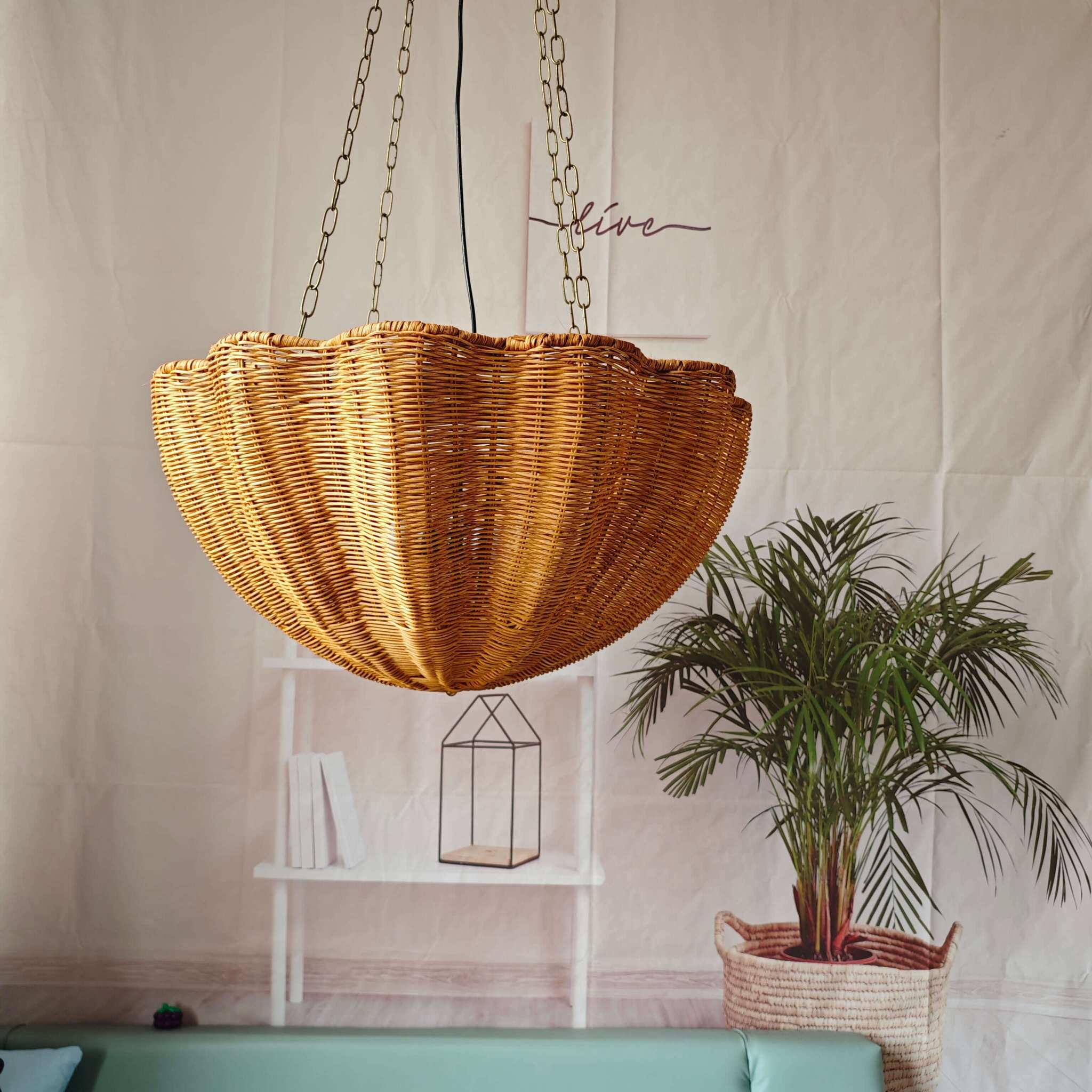 Rattan hanging basket lamp chandelier with chain, natural woven design, eco-friendly lighting.