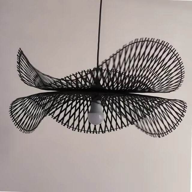 Handcrafted black bamboo pendant lamp with butterfly design, ideal for hallways; eco-friendly lighting solution.