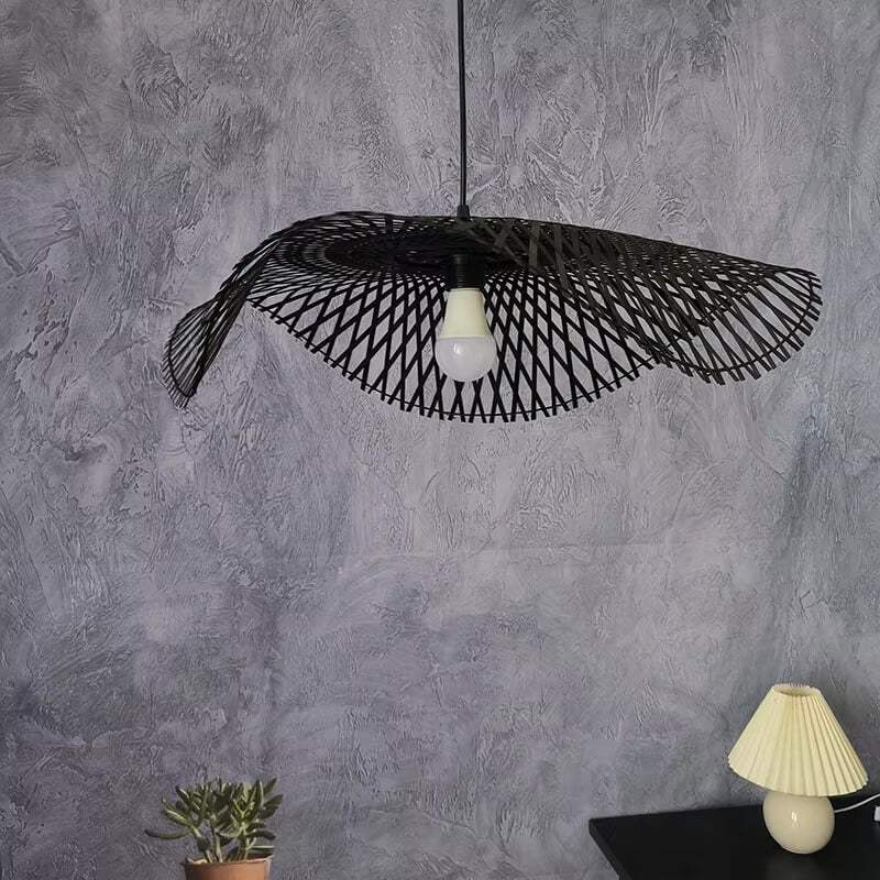 Handcrafted black bamboo pendant lamp with butterfly design, ideal for hallways; eco-friendly lighting solution.