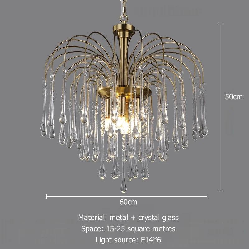 Romantic Raindrop Chandelier with colorful crystal pendants and metal frame, measuring 50cm tall and 80cm wide.