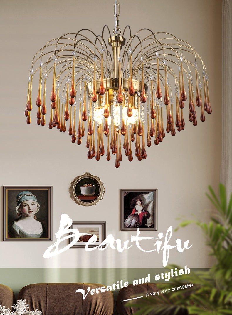 Romantic Raindrop Chandelier with colorful crystal pendants in a living room setting.