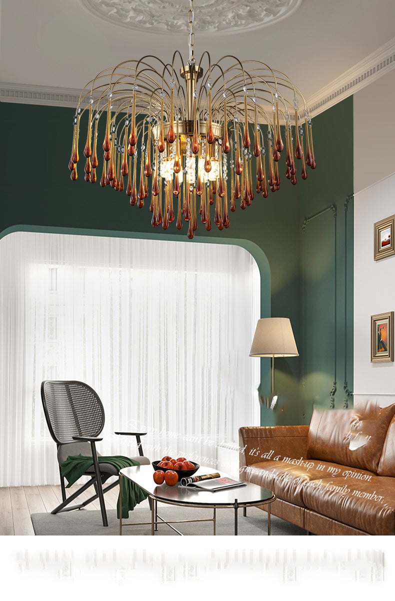 Colorful crystal chandelier with metal frame, featuring cascading raindrop design in red and white crystals, enhancing luxurious and romantic ambiance in a living space.