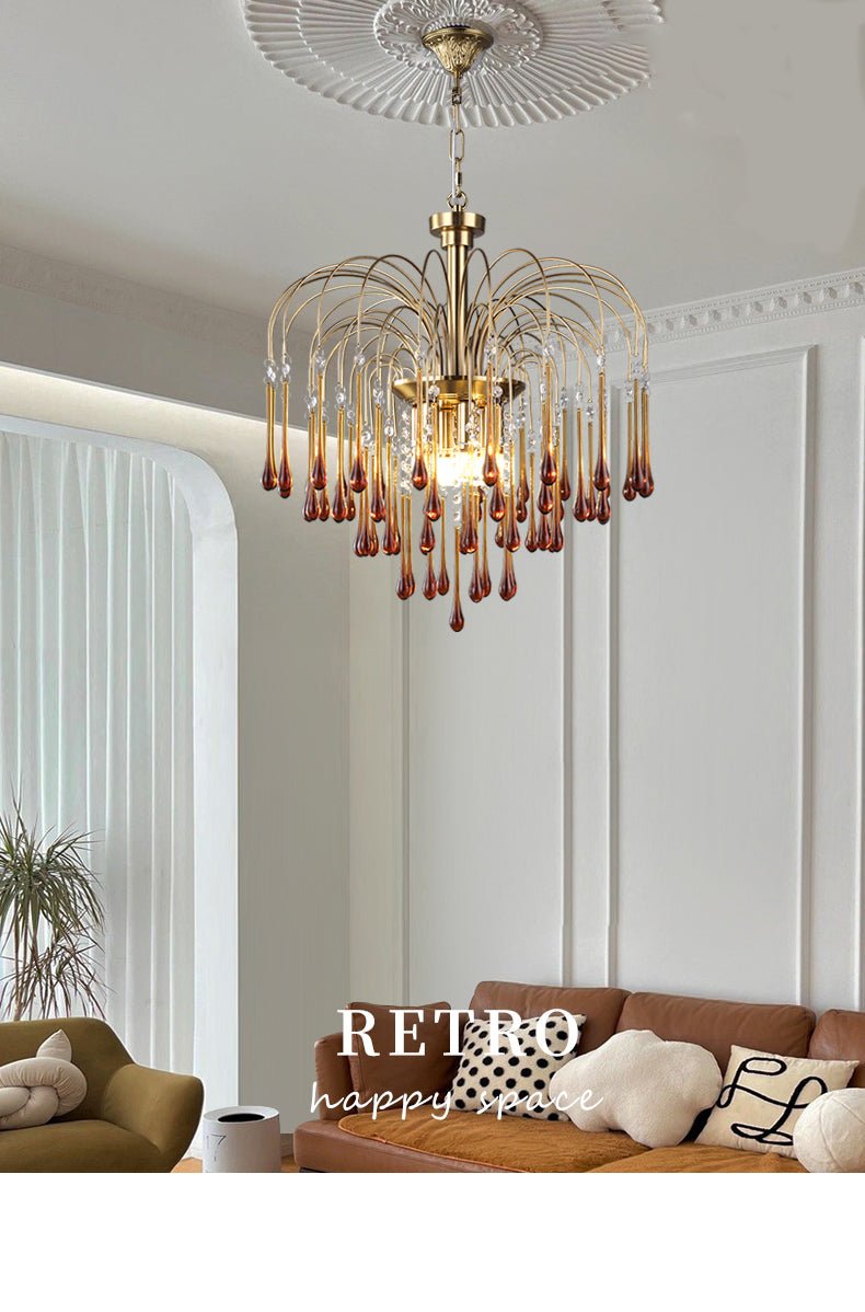 Colorful crystal chandelier with metal frame, featuring cascading raindrop design in red and white crystals, enhancing luxurious and romantic ambiance in a living space.