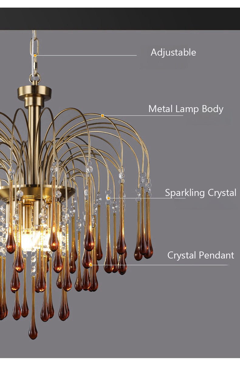 Colorful crystal chandelier with metal frame, featuring cascading raindrop design in red and white crystals, enhancing luxurious and romantic ambiance in a living space.