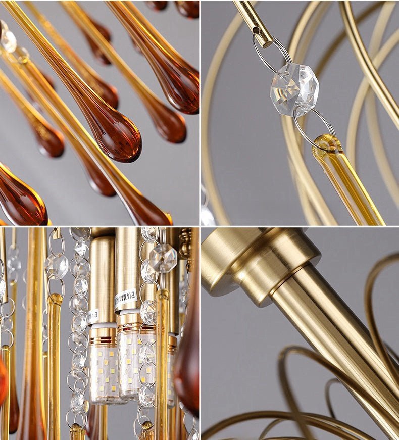 Colorful crystal chandelier with metal frame, featuring cascading raindrop design in red and white crystals, enhancing luxurious and romantic ambiance in a living space.