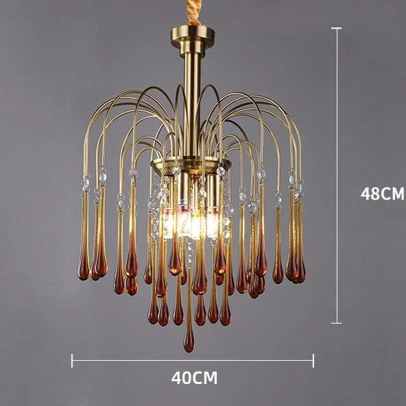 Colorful crystal chandelier with metal frame, featuring cascading raindrop design in red and white crystals, enhancing luxurious and romantic ambiance in a living space.
