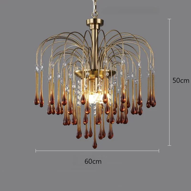 Colorful crystal chandelier with metal frame, featuring cascading raindrop design in red and white crystals, enhancing luxurious and romantic ambiance in a living space.