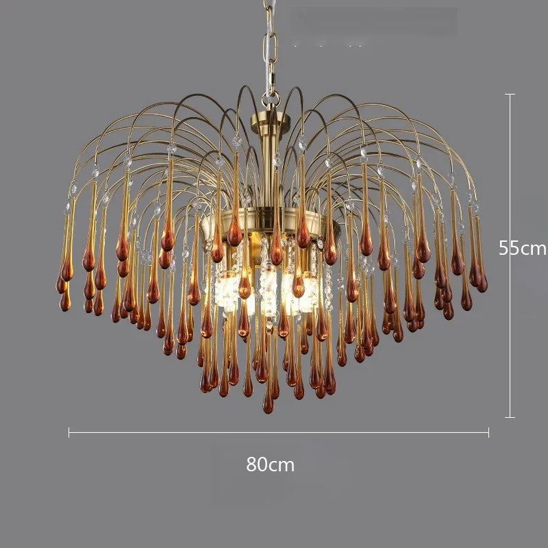 Colorful crystal chandelier with metal frame, featuring cascading raindrop design in red and white crystals, enhancing luxurious and romantic ambiance in a living space.