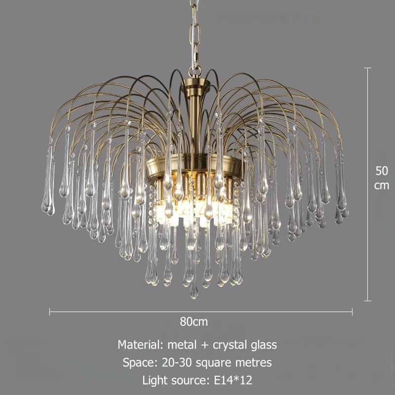 Romantic Raindrop Chandelier with colorful crystal pendants and metal frame, measuring 50cm tall and 80cm wide.