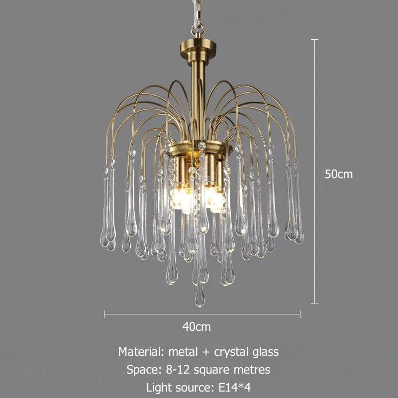 Romantic Raindrop Chandelier with colorful crystal pendants and metal frame, measuring 50cm tall and 80cm wide.