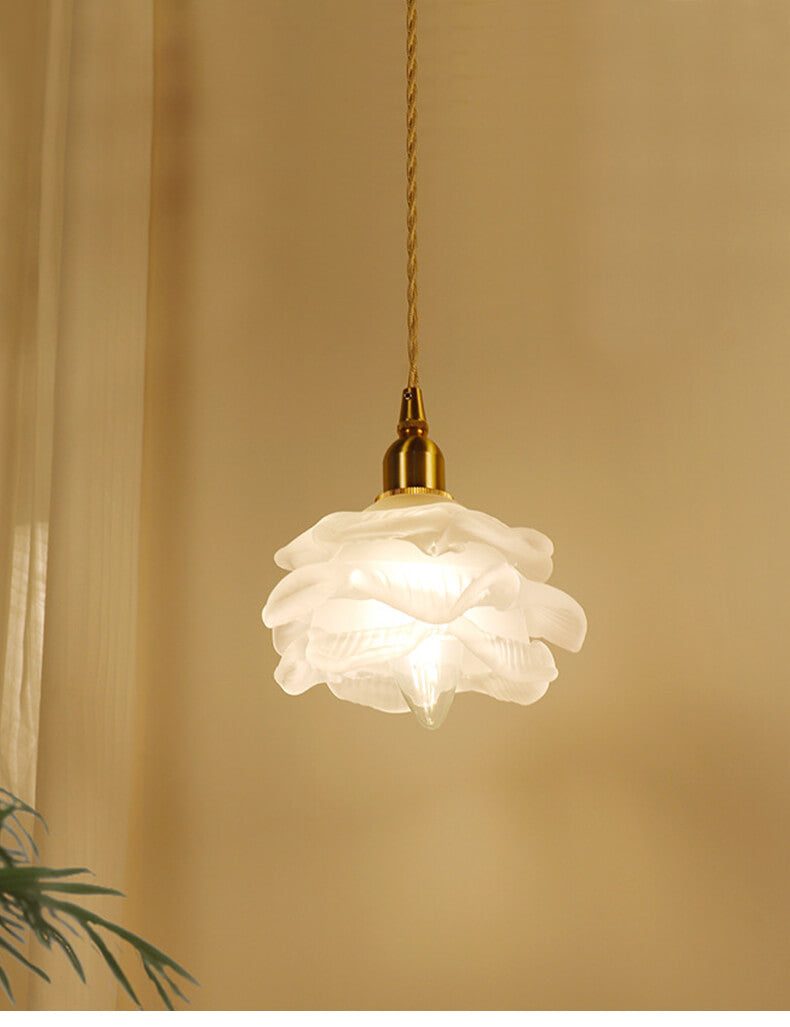 Rose Glass Chandelier with brass fixture, vintage milk glass design, luxury pendant light.