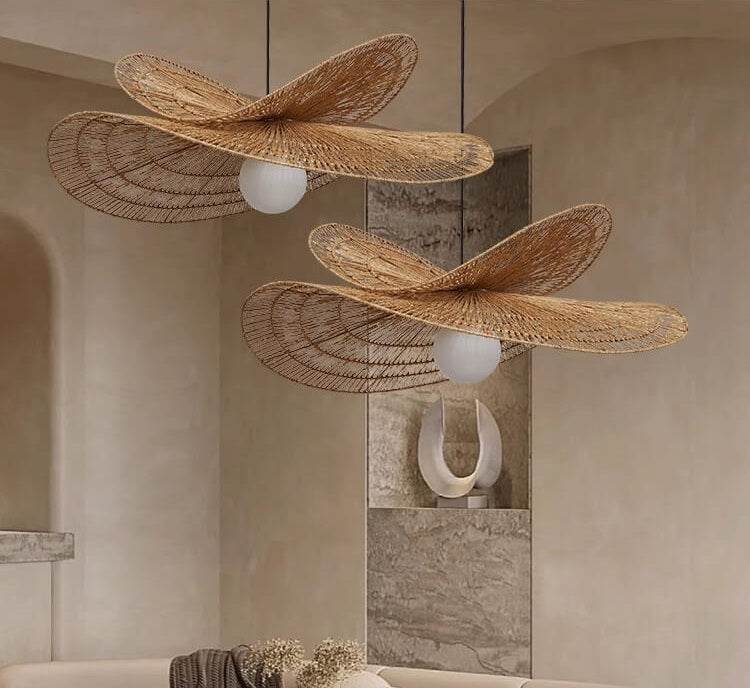 Wabi-Sabi rattan pendant lights with double-layered design in an elegant room setting.