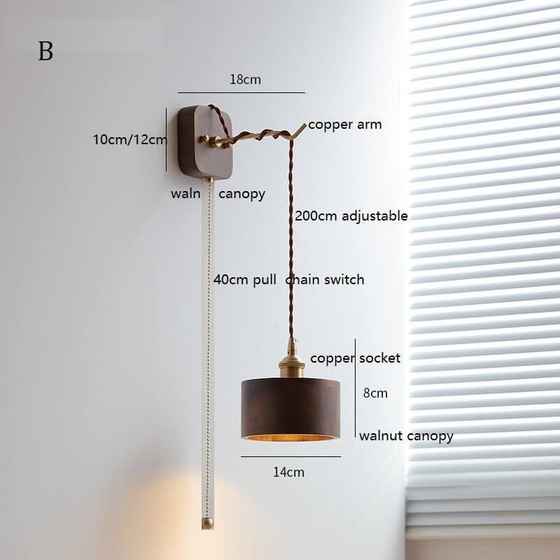 Walnut wooden wall lamp with copper arm and adjustable height.