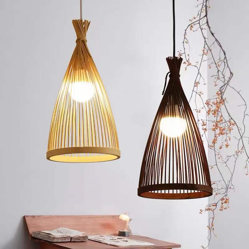 Japanese Style Pendant Light with rattan design hanging over a table in an outdoor setting.