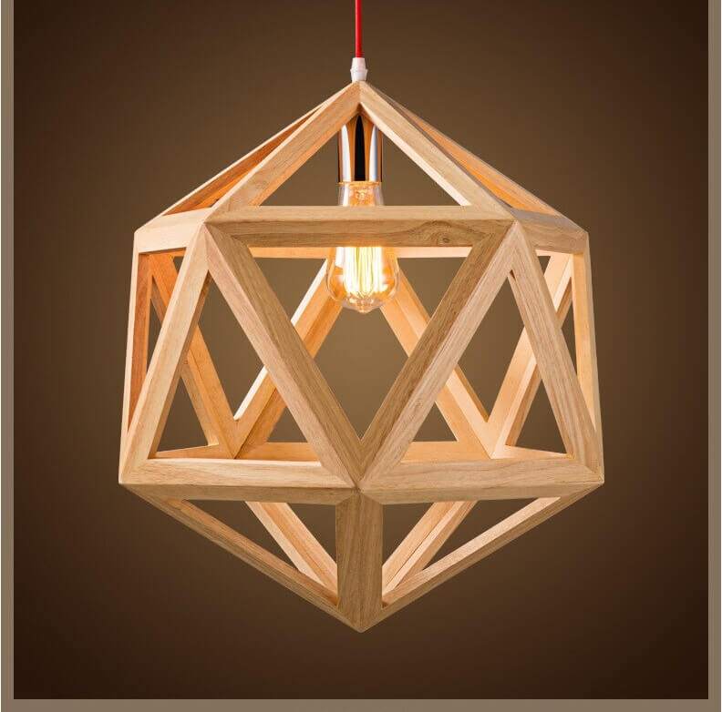 Geometric wooden pendant light with solid oak wood lampshade, modern and stylish design.