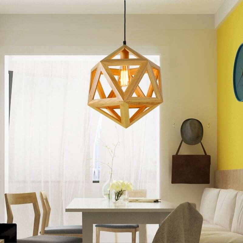 Geometric lampshade with solid oak wood lampshade, modern and stylish design.