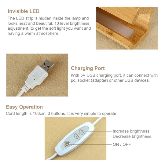 Eco-friendly bamboo LED desk lamp with smooth natural finish and adjustable brightness.