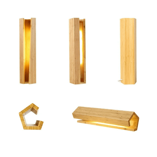 Eco-friendly bamboo LED wood desk lamp with smooth natural finish and adjustable brightness.