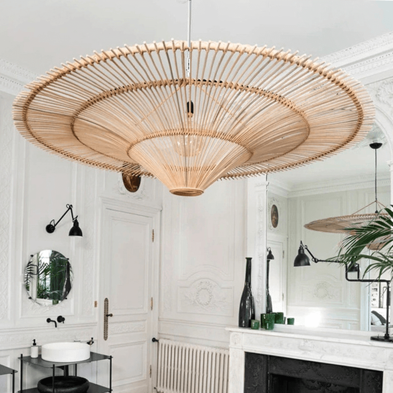 Nordic Umbrella Rattan Chandelier Large Vintage Rattan Hanging Lamp Handicraft Lamp