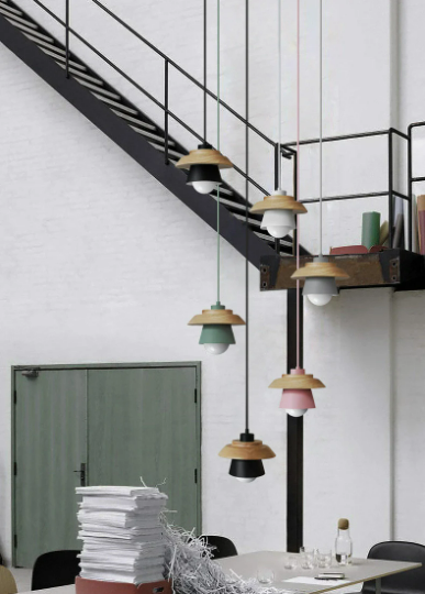 Nordic droplight sconce pendant with iron and wood design in pastel colors, perfect for home and restaurant decor.