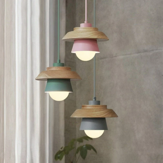 Nordic droplight sconce pendant with iron and wood design in pastel colors, perfect for home and restaurant decor.