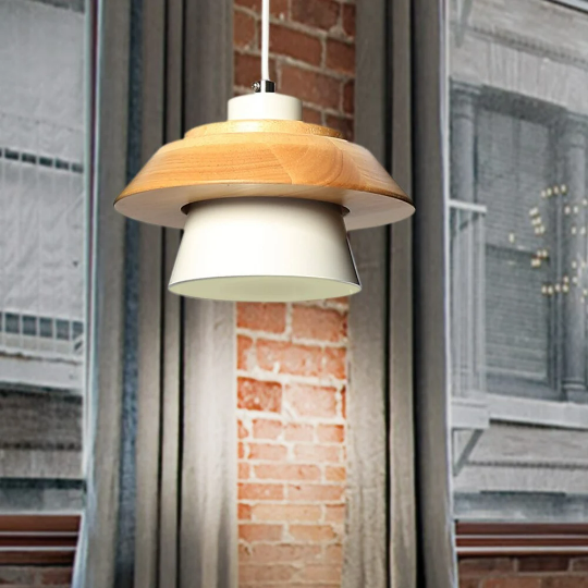 Nordic-style iron and wood sconce pendant light hanging in a rustic interior.