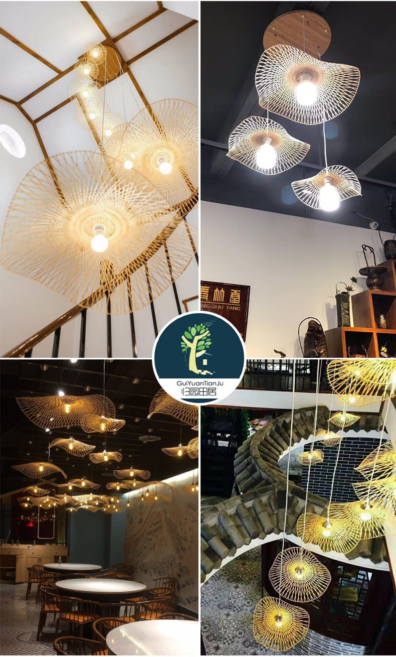 Handcrafted bamboo pendant lamp with butterfly design illuminating a modern interior space.