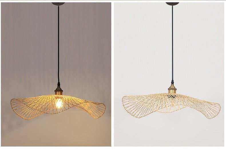 Handcrafted bamboo pendant lamp with butterfly design illuminating a modern interior space.