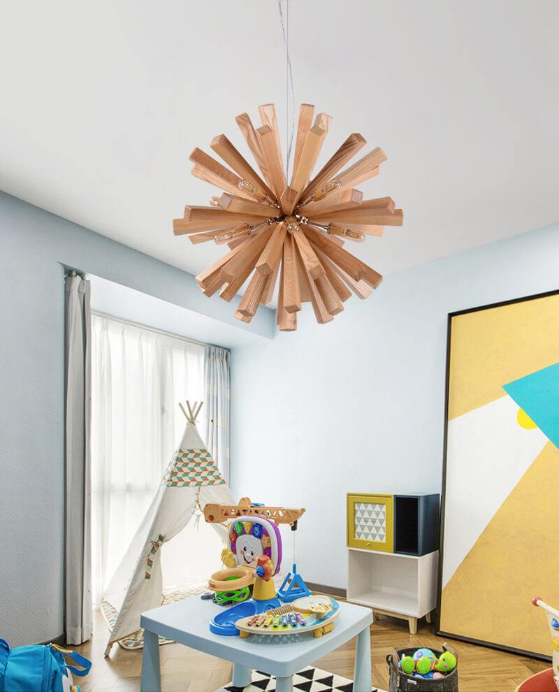 Solid wood oak chandelier above dining table with modern design.