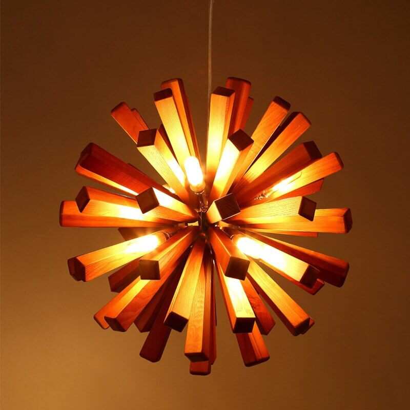 Solid wood oak chandelier, timber pendant light, with natural wood grain design in a modern dining room.