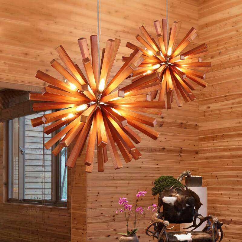 Solid wood oak chandelier, timber pendant light, with natural wood grain design in a modern dining room.
