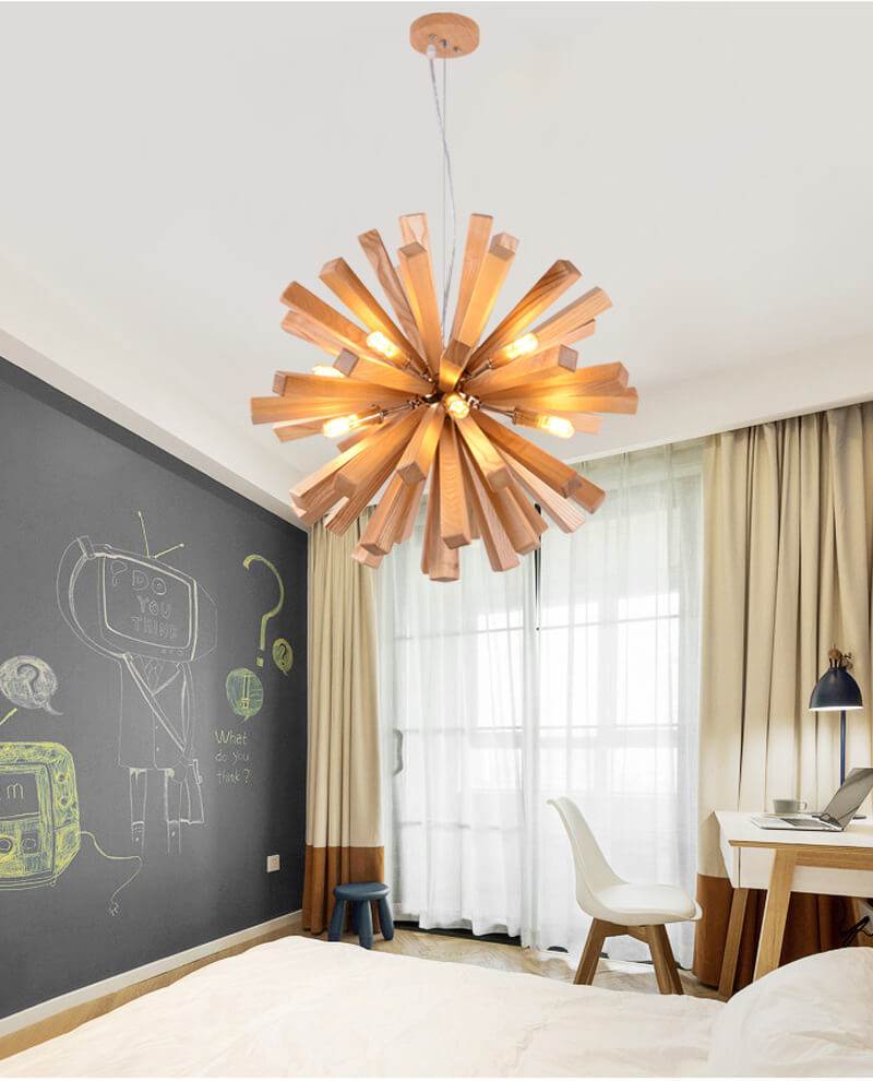 Solid wood oak chandelier, timber pendant light, with natural wood grain design in a modern dining room.