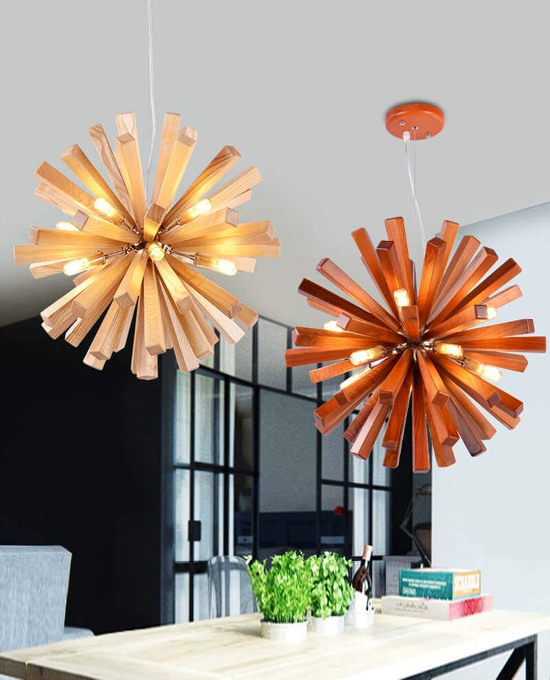 Solid wood oak chandelier, timber pendant light, with natural wood grain design in a modern dining room.