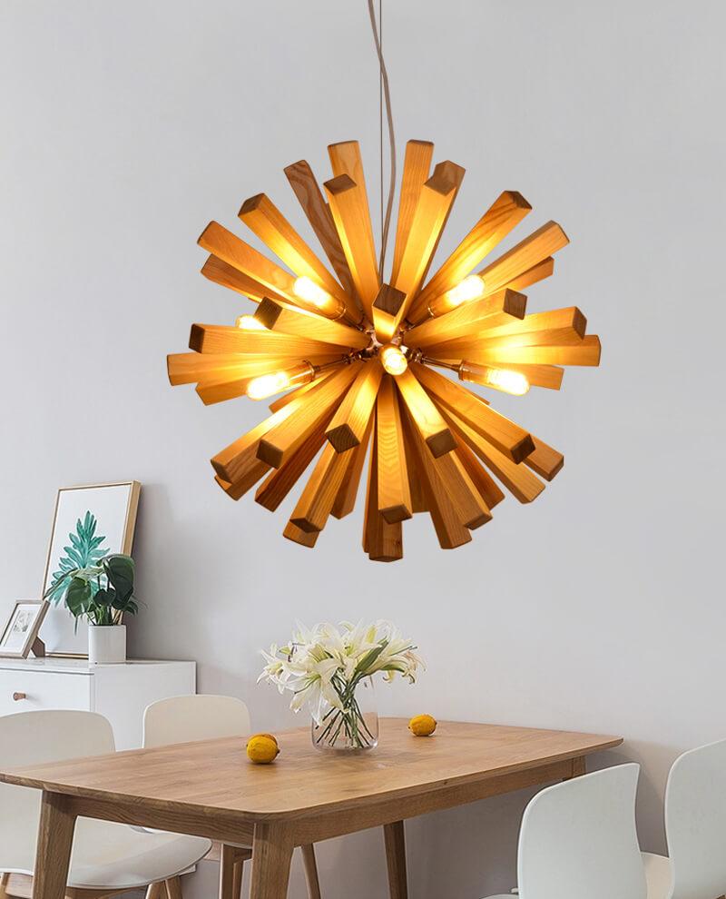 Solid wood oak chandelier, timber pendant light, with natural wood grain design in a modern dining room.