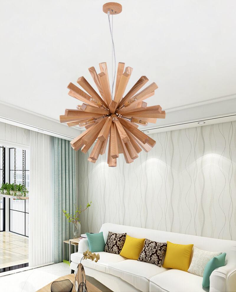Solid wood oak chandelier, timber pendant light, with natural wood grain design in a modern dining room.