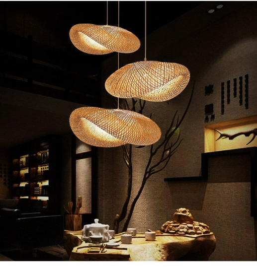 Black Beige Unique bamboo Hanging Light Fixture Weave Pendant Light Handmade Lampshade