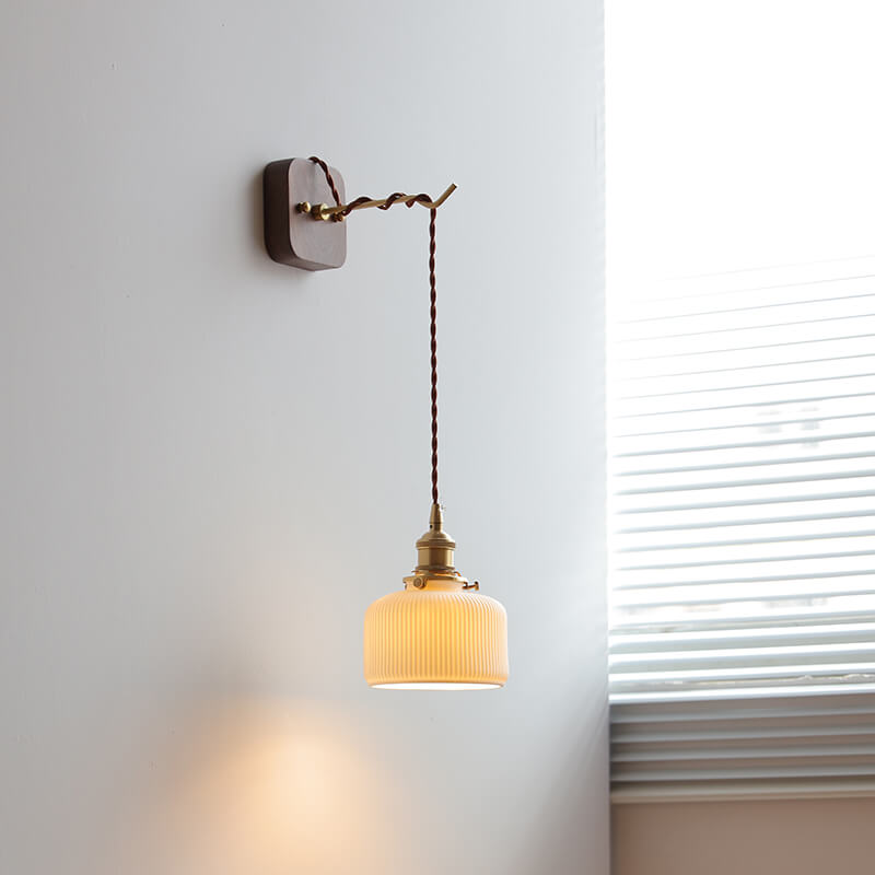 Ceramic Wall Lamp Japanese Style with Walnut Canopy Copper Arm- Modern Ceramic Lampshade