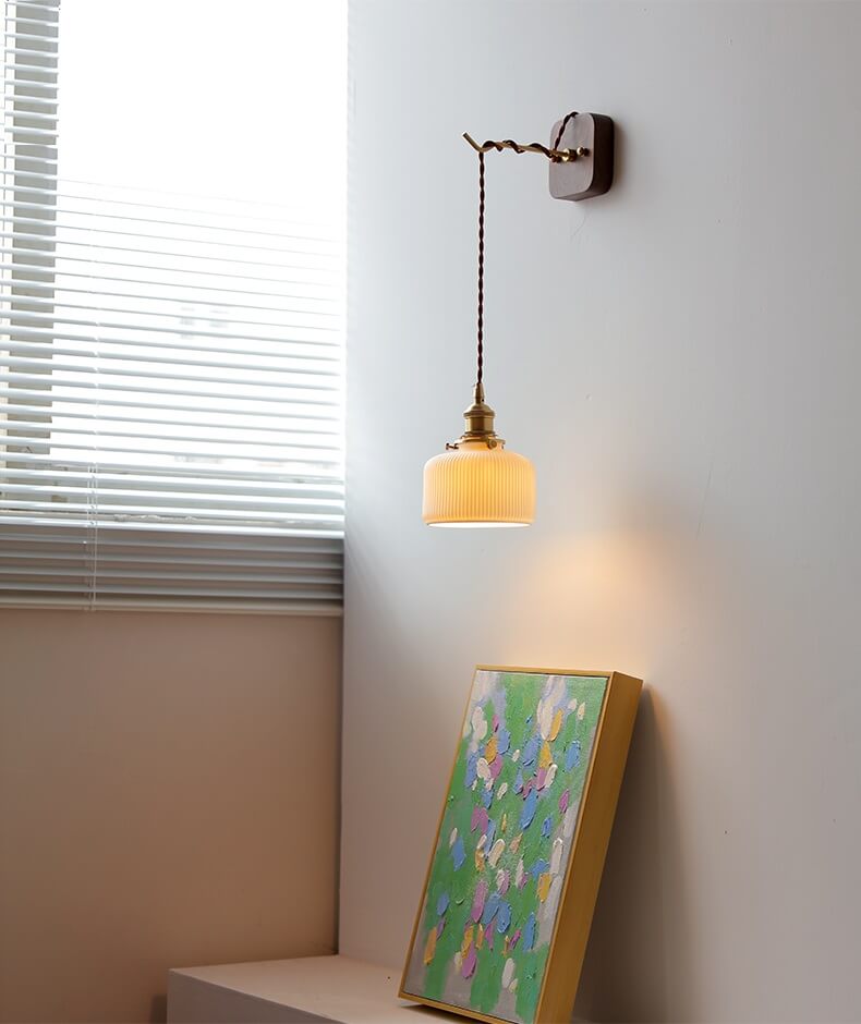 Ceramic Wall Lamp Japanese Style with Walnut Canopy Copper Arm- Modern Ceramic Lampshade