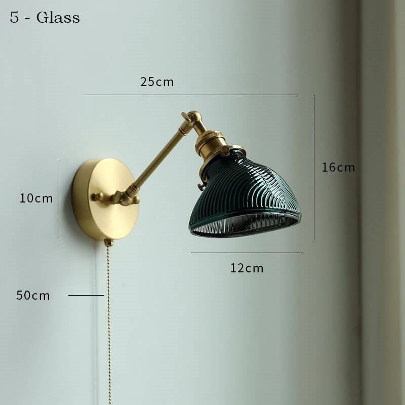 Adjustable glass wall lamp with pull chain switch, featuring a copper holder for durability and style.