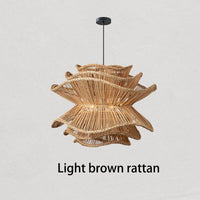 Beige rattan multi-level lamp with flower wicker light shade design, hanging from ceiling.